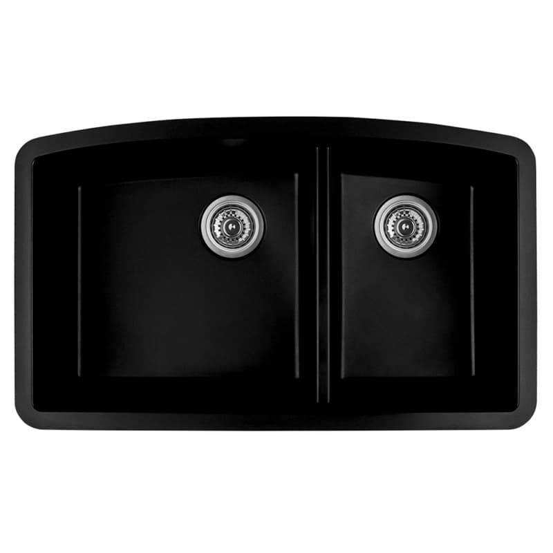 QU-711 Quartz Under Mount Large/Small Bowl Kitchen Sink, 32-1/2" x 19-1/2" x 9", Black