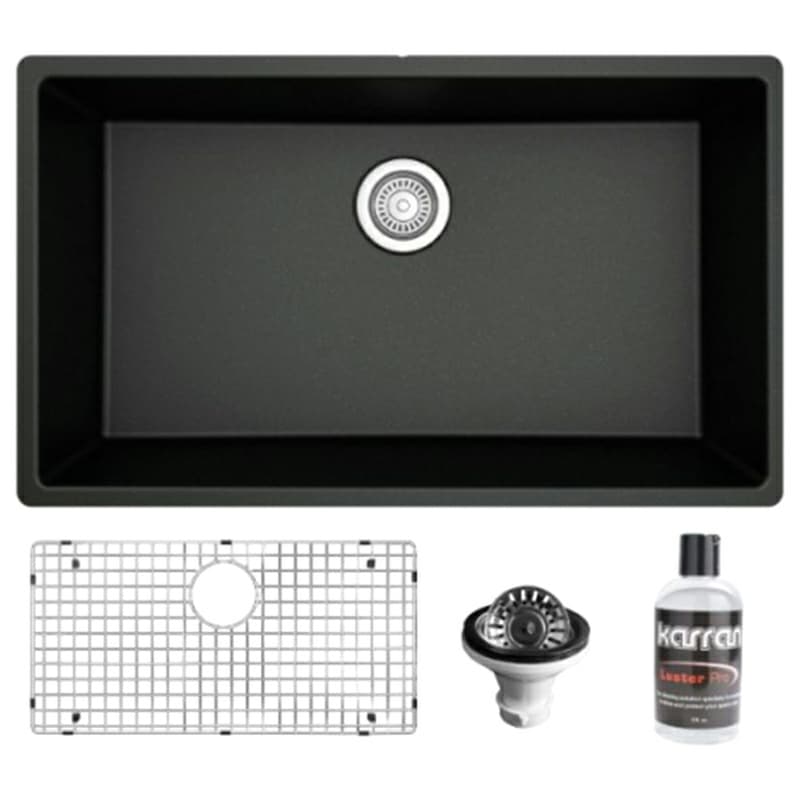 Quartz Undermount Large Single Bowl Kitchen Sink Kit, 32-1/4" x 19-1/4" x 9", Black