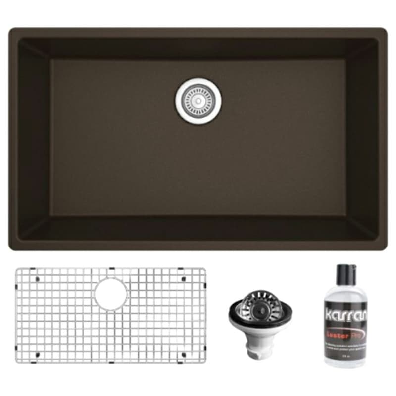 Quartz Undermount Large Single Bowl Kitchen Sink Kit, 32-1/4" x 19-1/4" x 9", Brown