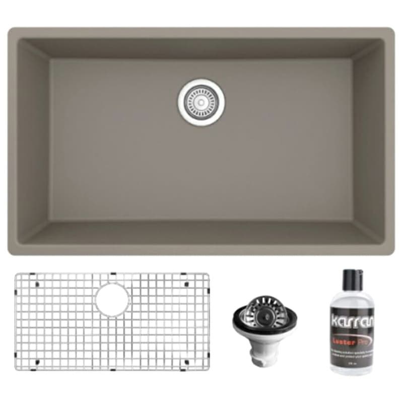 Quartz Undermount Large Single Bowl Kitchen Sink Kit, 32-1/4" x 19-1/4" x 9", Concrete
