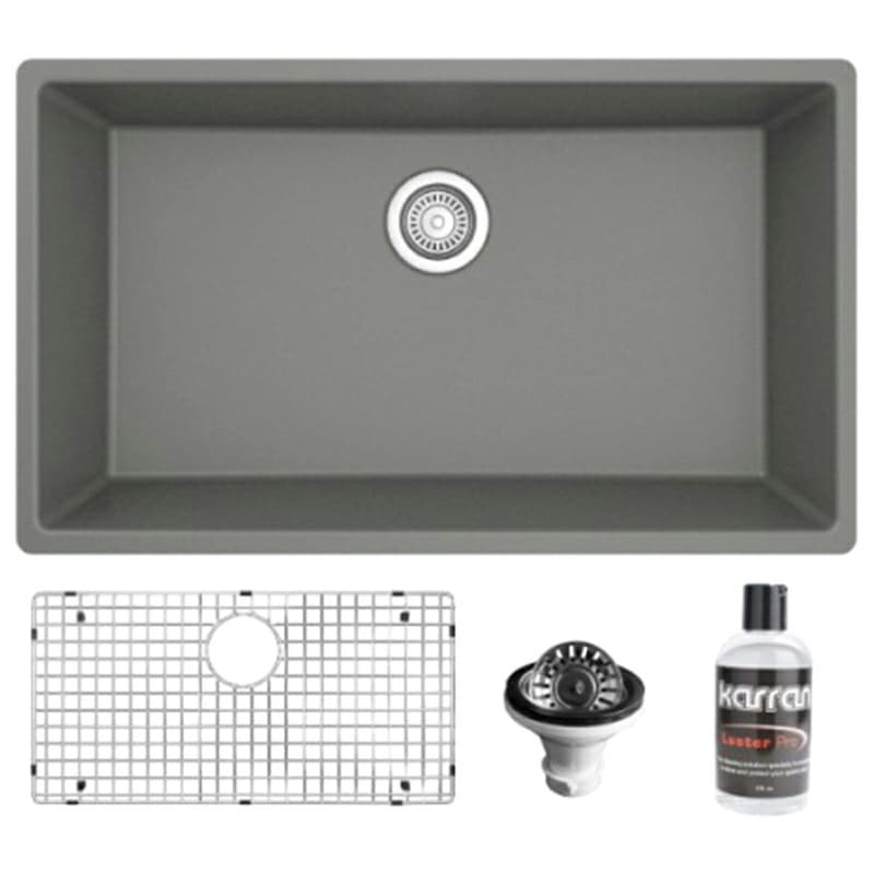 Quartz Undermount Large Single Bowl Kitchen Sink Kit, 32-1/4" x 19-1/4" x 9", Gray