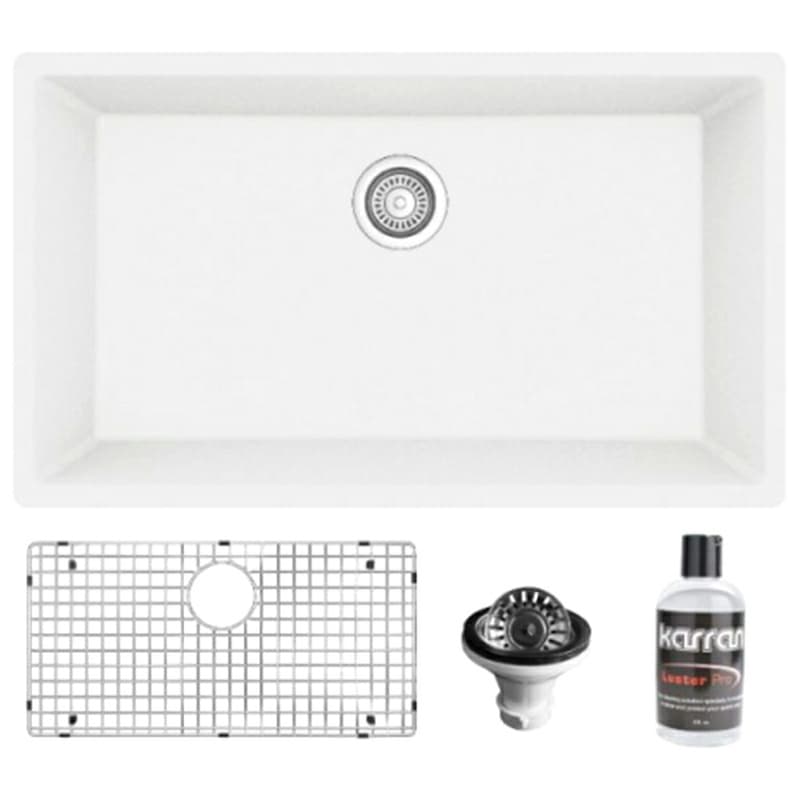 Quartz Undermount Large Single Bowl Kitchen Sink Kit, 32-1/4" x 19-1/4" x 9", White