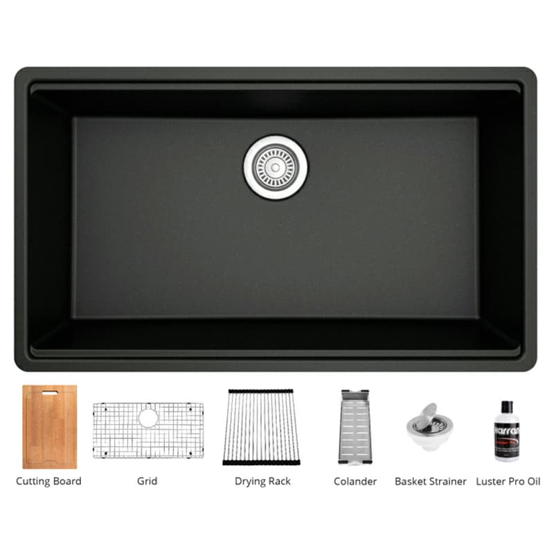 QUWS-875 Quartz Undermount Large Single Bowl Workstation Kitchen Sink, 32-1/2" x 19-1/4" x 9", Black