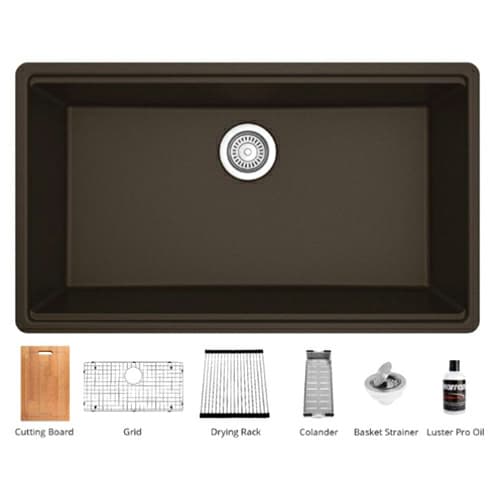 QUWS-875 Quartz Undermount Large Single Bowl Workstation Kitchen Sink, 32-1/2" x 19-1/4" x 9", Brown