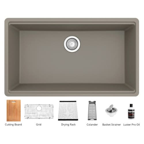 QUWS-875 Quartz Undermount Large Single Bowl Workstation Kitchen Sink, 32-1/2" x 19-1/4" x 9", Concrete