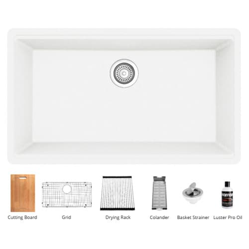 QUWS-875 Quartz Undermount Large Single Bowl Workstation Kitchen Sink, 32-1/2" x 19-1/4" x 9", White