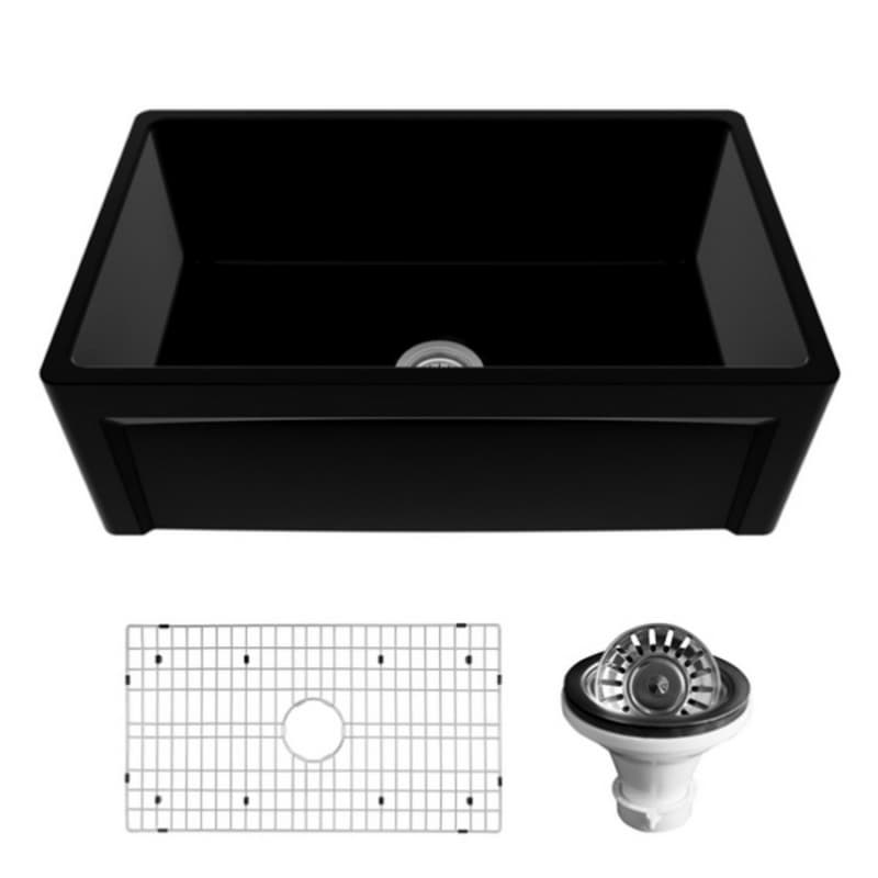 Fireclay Single Bowl Panel Front Farmhouse Kitchen Sink Kit with Reversible Apron Front, 30" x 18" x 10", Matte Black