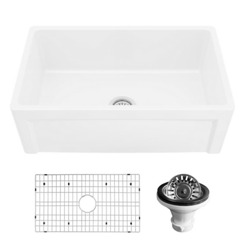 Fireclay Single Bowl Panel Front Farmhouse Kitchen Sink Kit with Reversible Apron Front, 30" x 18" x 10", White