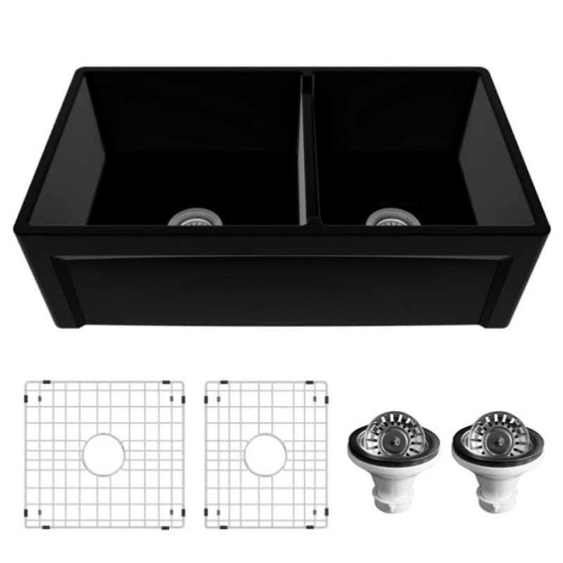 Fireclay Double Bowl Panel Front Farmhouse Kitchen Sink Kit with Reversible Apron Front, 33" x 18" x 10", Matte Black