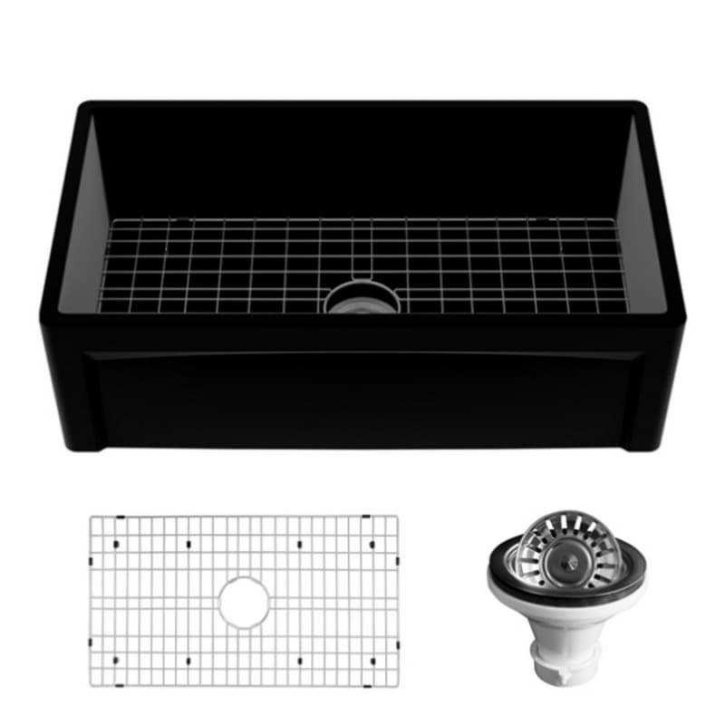 Fireclay Single Bowl Panel Front Farmhouse Kitchen Sink Kit with Reversible Apron Front, 33" x 18" x 10", Matte Black