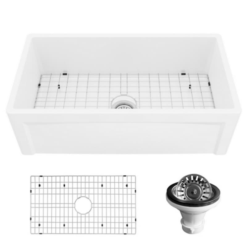 Fireclay Single Bowl Panel Front Farmhouse Kitchen Sink Kit with Reversible Apron Front, 33" x 18" x 10", White
