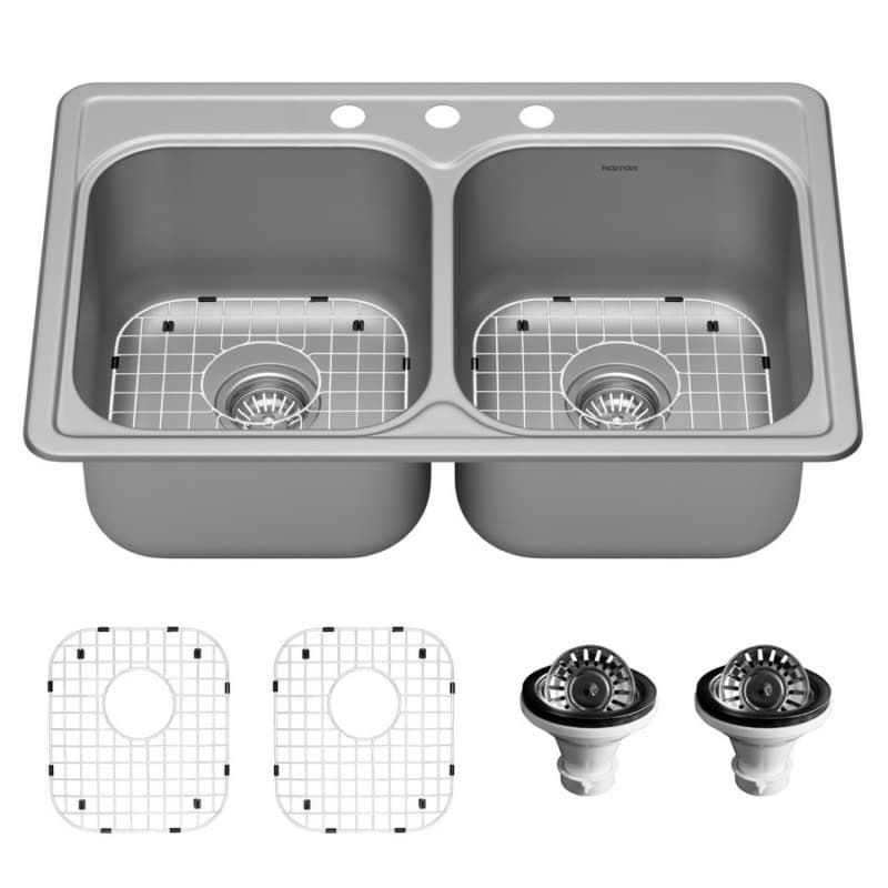 Profile Stainless Steel Top Mount 18G Double Equal Bowl Kitchen Sink Kit, 33" x 22" x 7-1/2