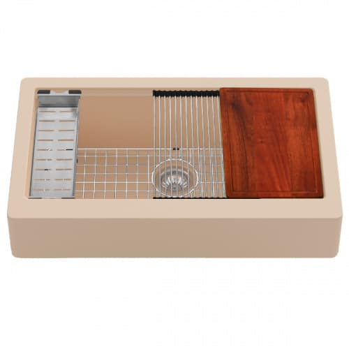 Quartz QARWS Retrofit Farmhouse/Apron Front Large Single Bowl Workstation Kitchen Sink, 34" x 21-1/4" x 9", Bisque