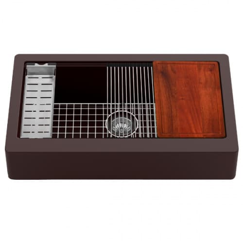 Quartz QARWS Retrofit Farmhouse/Apron Front Large Single Bowl Workstation Kitchen Sink, 34" x 21-1/4" x 9", Brown