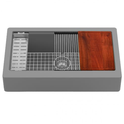 Quartz QARWS Retrofit Farmhouse/Apron Front Large Single Bowl Workstation Kitchen Sink, 34" x 21-1/4" x 9", Gray