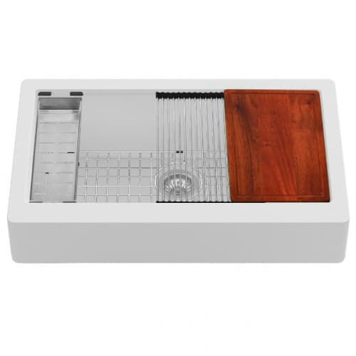 Quartz QARWS Retrofit Farmhouse/Apron Front Large Single Bowl Workstation Kitchen Sink, 34" x 21-1/4" x 9", White