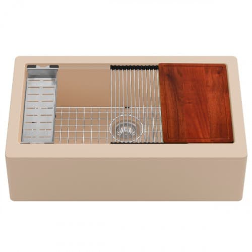 Quartz QAWS Farmhouse/Apron Front Large Single Bowl Workstation Kitchen Sink, 34" x 21-1/4" x 9", Bisque