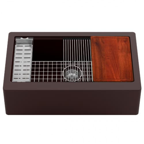 Quartz QAWS Farmhouse/Apron Front Large Single Bowl Workstation Kitchen Sink, 34" x 21-1/4" x 9", Brown