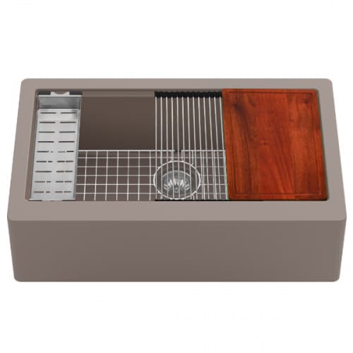 Quartz QAWS Farmhouse/Apron Front Large Single Bowl Workstation Kitchen Sink, 34" x 21-1/4" x 9", Concrete