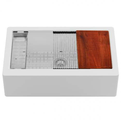 Quartz QAWS Farmhouse/Apron Front Large Single Bowl Workstation Kitchen Sink, 34" x 21-1/4" x 9", White