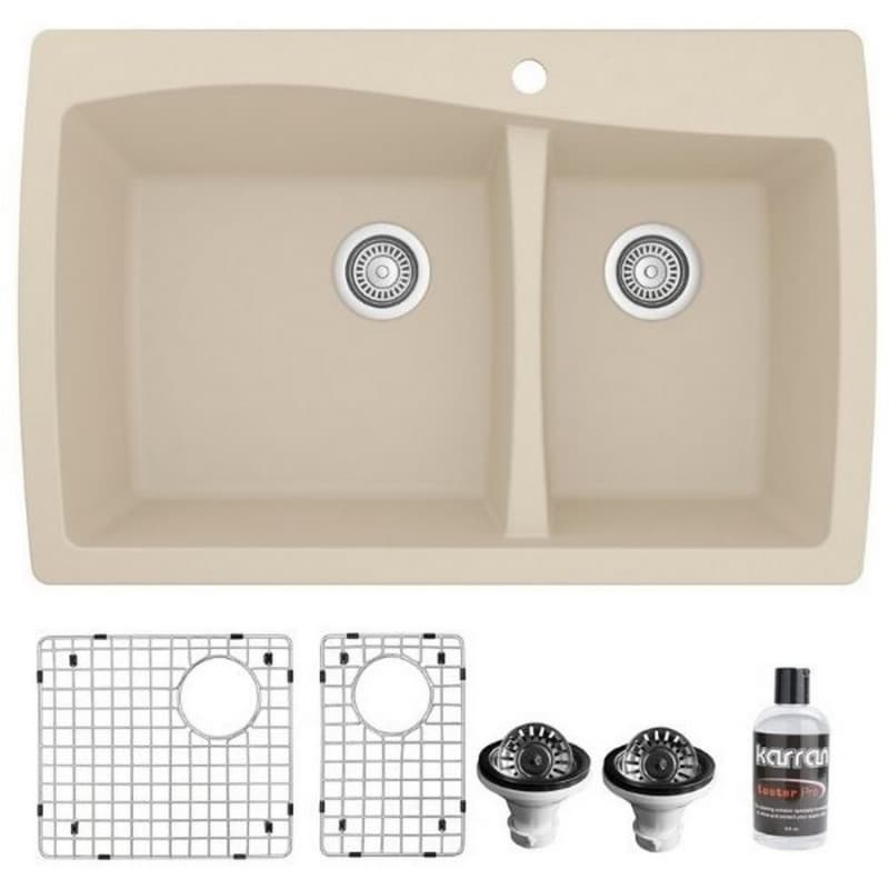 QT-721 Quartz Top Mount/Drop-In Large/Small Bowl Kitchen Sink Kit, 34" x 22" x 9", Bisque