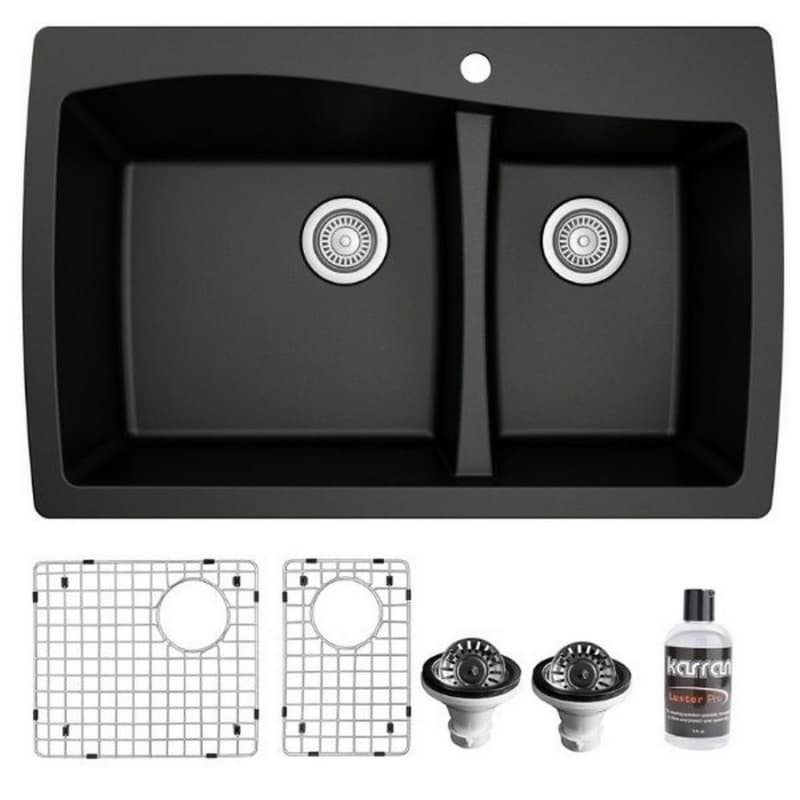 QT-721 Quartz Top Mount/Drop-In Large/Small Bowl Kitchen Sink Kit, 34" x 22" x 9", Black