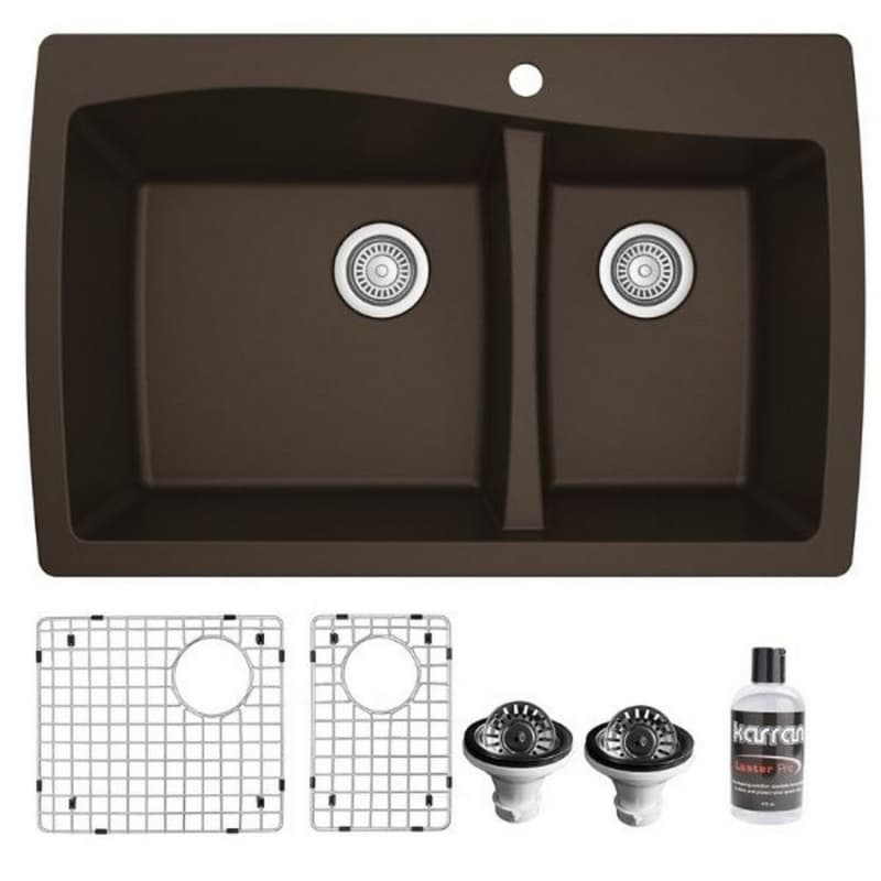 QT-721 Quartz Top Mount/Drop-In Large/Small Bowl Kitchen Sink Kit, 34" x 22" x 9", Brown