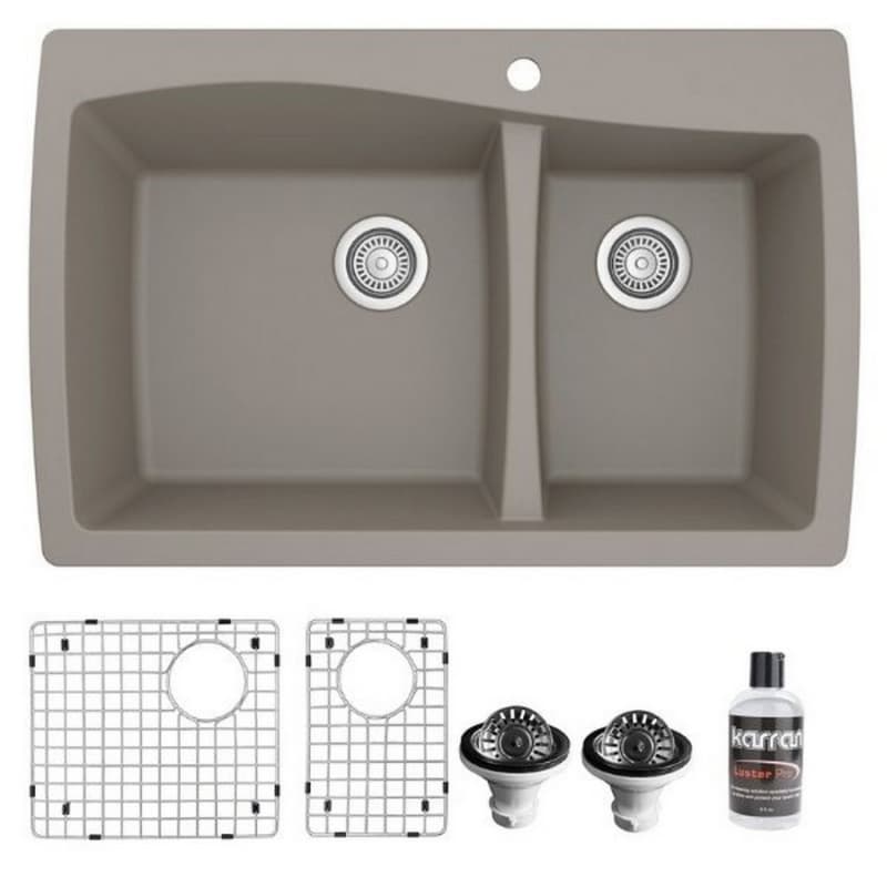 QT-721 Quartz Top Mount/Drop-In Large/Small Bowl Kitchen Sink Kit, 34" x 22" x 9", Concrete