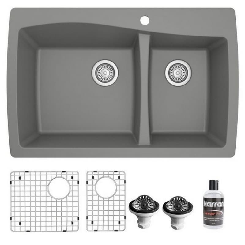 QT-721 Quartz Top Mount/Drop-In Large/Small Bowl Kitchen Sink Kit, 34" x 22" x 9", Gray