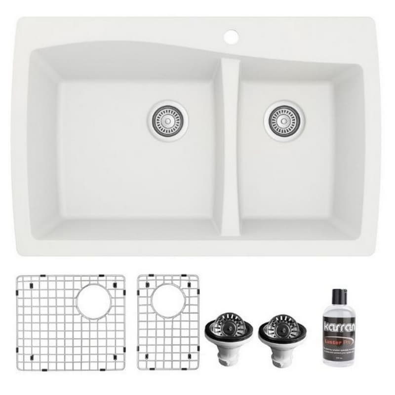 QT-721 Quartz Top Mount/Drop-In Large/Small Bowl Kitchen Sink Kit, 34" x 22" x 9", White