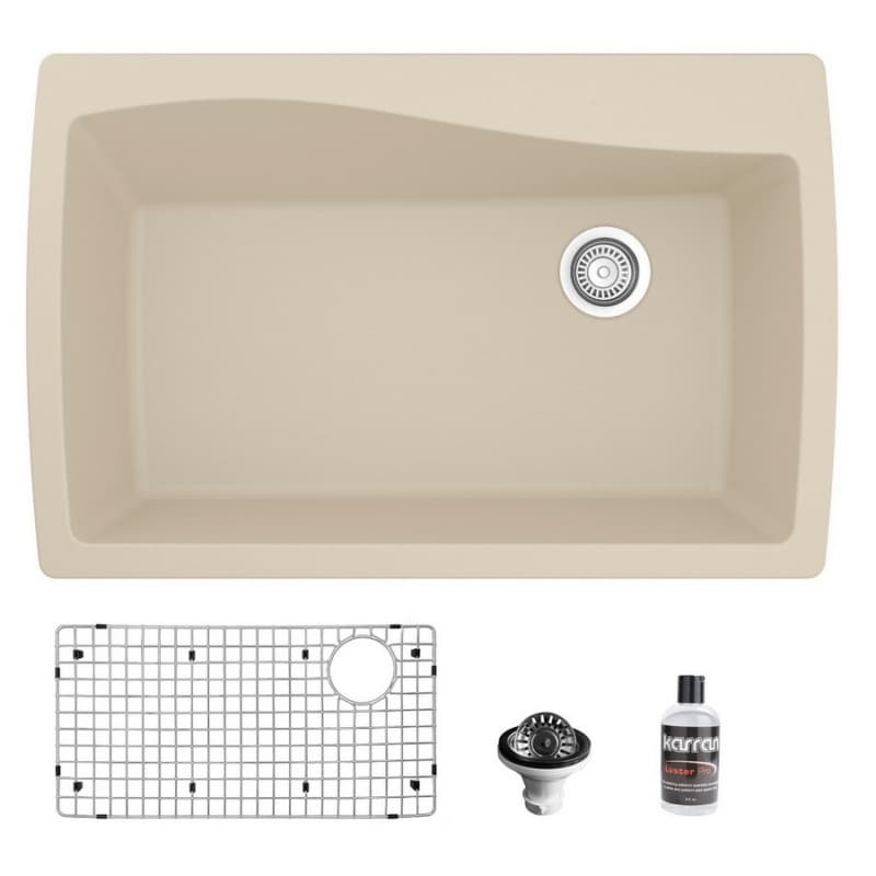 QT-722 Quartz Top Mount/Drop-In Large Single Bowl Kitchen Sink Kit, 34" x 22" x 9", Bisque