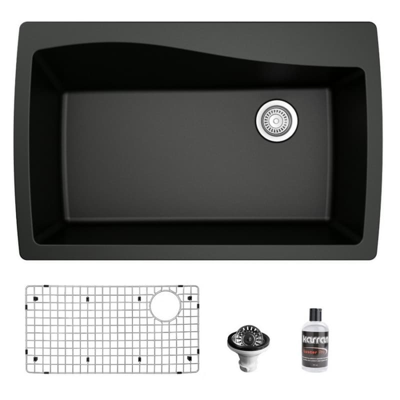 QT-722 Quartz Top Mount/Drop-In Large Single Bowl Kitchen Sink Kit, 34" x 22" x 9", Black