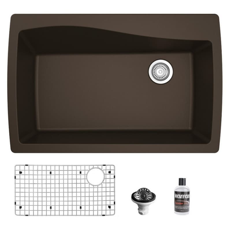 QT-722 Quartz Top Mount/Drop-In Large Single Bowl Kitchen Sink Kit, 34" x 22" x 9", Brown