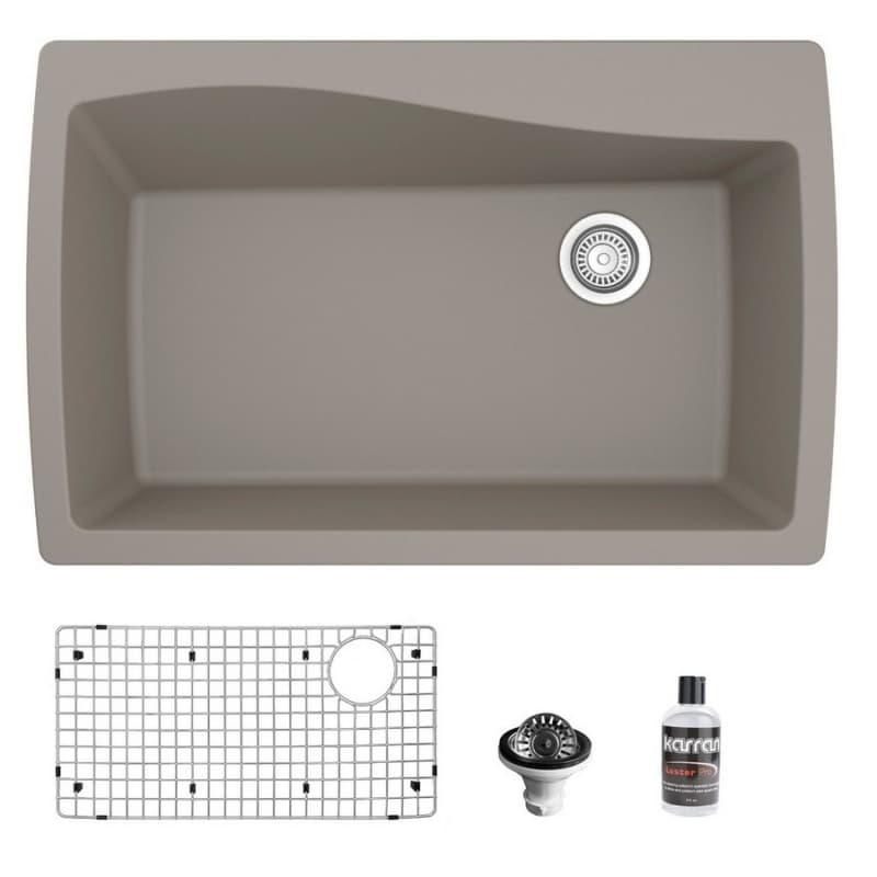 QT-722 Quartz Top Mount/Drop-In Large Single Bowl Kitchen Sink Kit, 34" x 22" x 9", Concrete