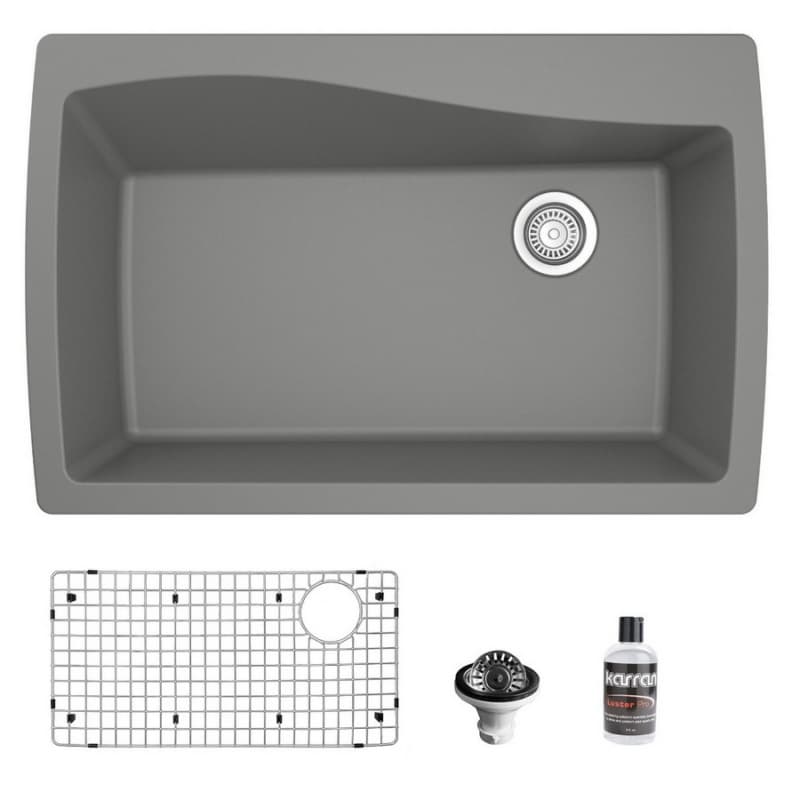 QT-722 Quartz Top Mount/Drop-In Large Single Bowl Kitchen Sink Kit, 34" x 22" x 9", Gray