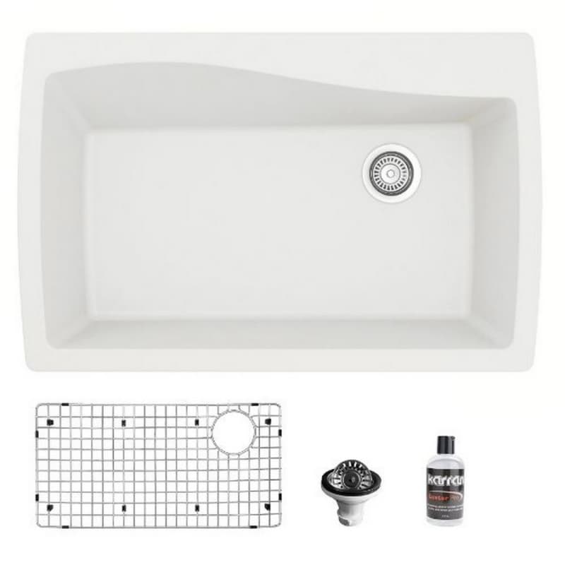 QT-722 Quartz Top Mount/Drop-In Large Single Bowl Kitchen Sink Kit, 34" x 22" x 9", White