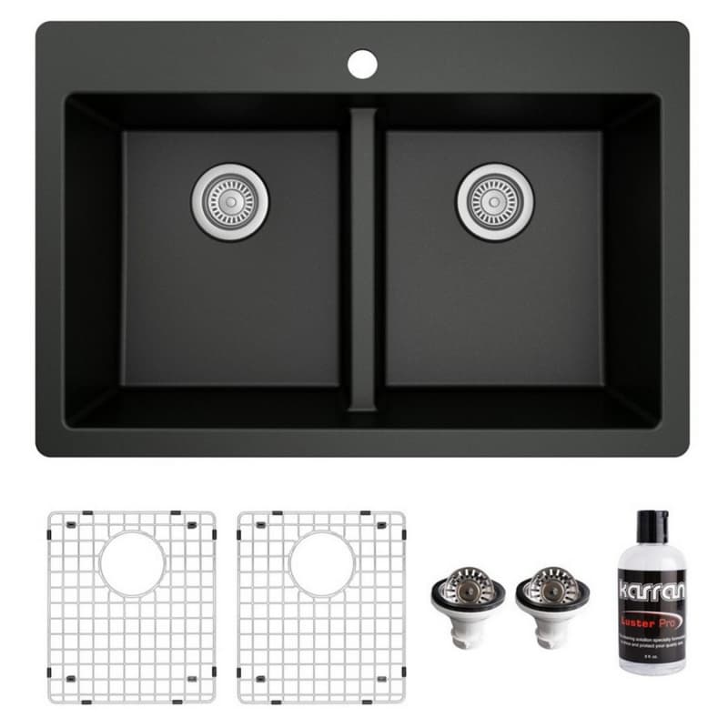 QT-810 Quartz Top Mount/Drop-In Double Equal Bowl Kitchen Sink Kit, 33" x 22" x 9", Black