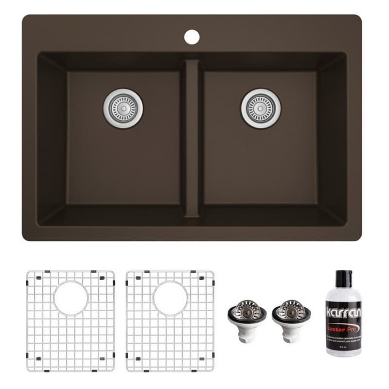 QT-810 Quartz Top Mount/Drop-In Double Equal Bowl Kitchen Sink Kit, 33" x 22" x 9", Brown