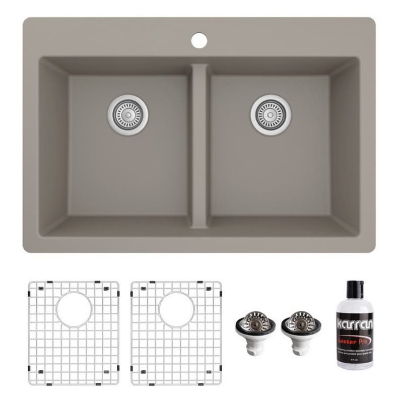 QT-810 Quartz Top Mount/Drop-In Double Equal Bowl Kitchen Sink Kit, 33" x 22" x 9", Concrete