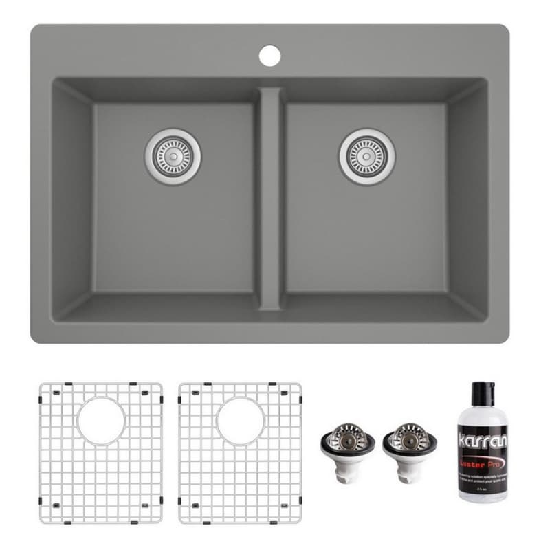 QT-810 Quartz Top Mount/Drop-In Double Equal Bowl Kitchen Sink Kit, 33" x 22" x 9", Gray