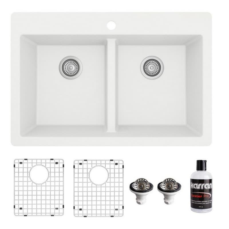 QT-810 Quartz Top Mount/Drop-In Double Equal Bowl Kitchen Sink Kit, 33" x 22" x 9", White