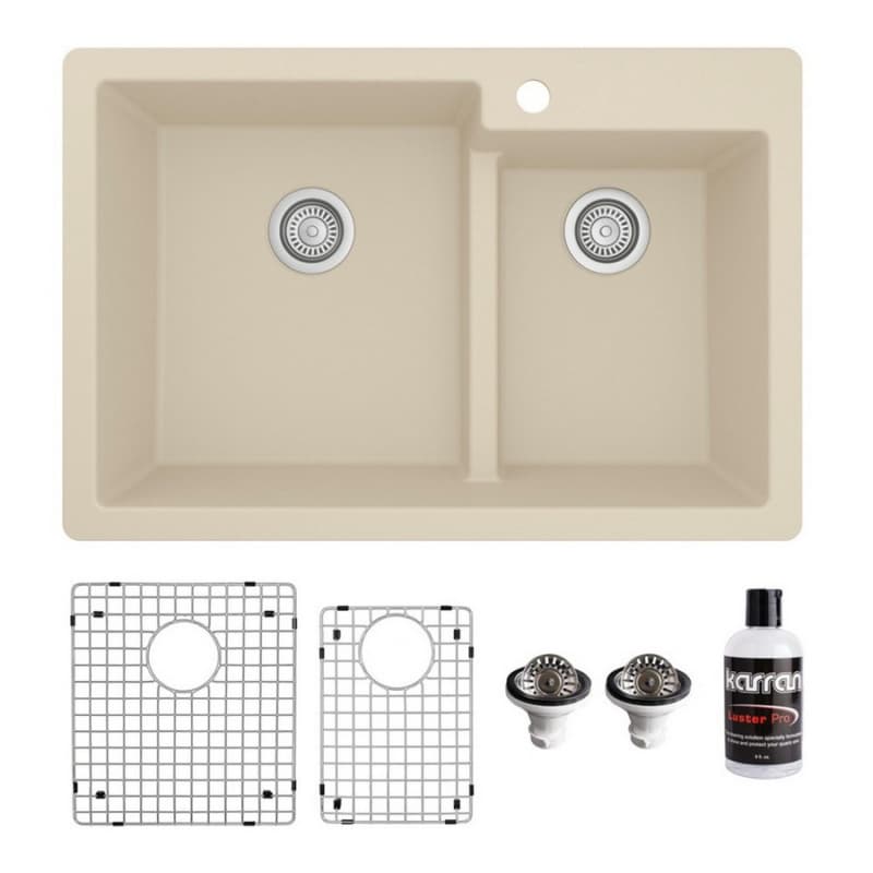QT-811 Quartz Top Mount/Drop-In Large/Small Bowl Kitchen Sink Kit, 33" x 22" x 9", Bisque