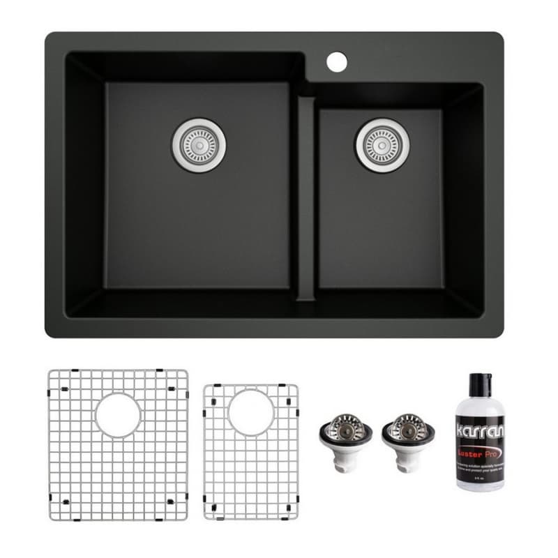 QT-811 Quartz Top Mount/Drop-In Large/Small Bowl Kitchen Sink Kit, 33" x 22" x 9", Black
