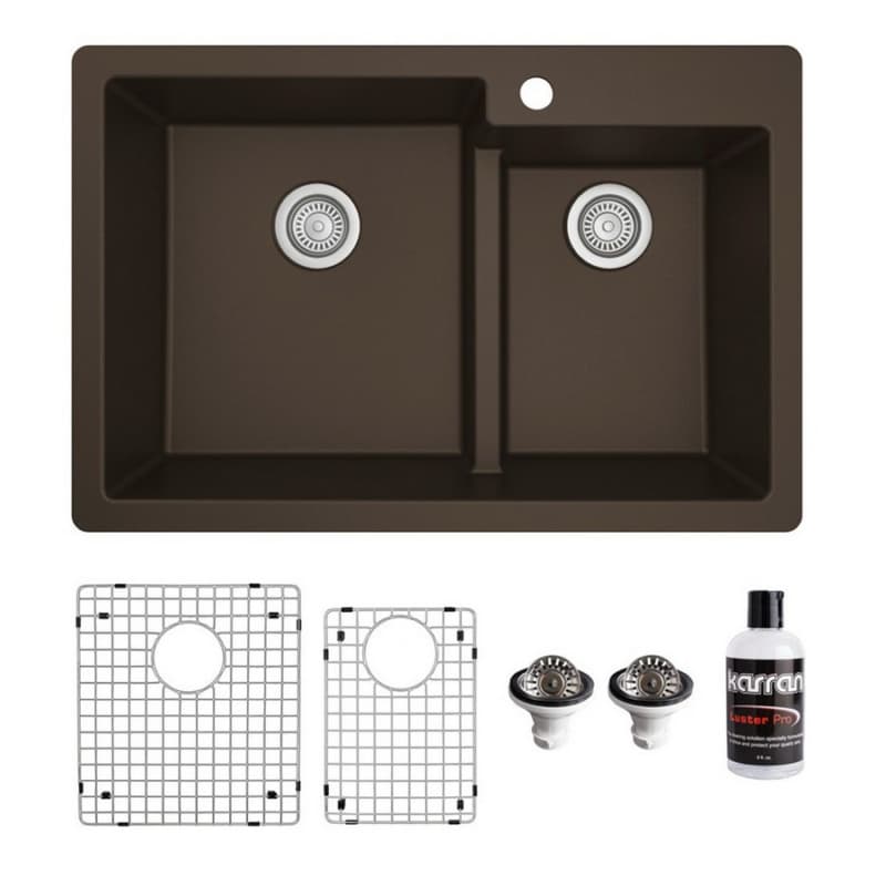 QT-811 Quartz Top Mount/Drop-In Large/Small Bowl Kitchen Sink Kit, 33" x 22" x 9", Brown