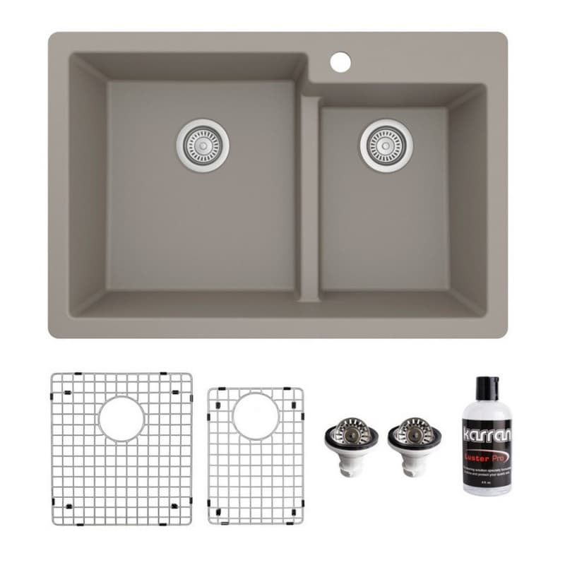 QT-811 Quartz Top Mount/Drop-In Large/Small Bowl Kitchen Sink Kit, 33" x 22" x 9", Concrete