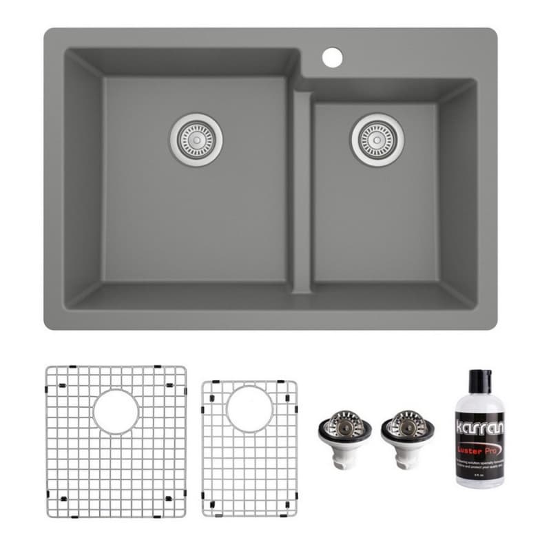 QT-811 Quartz Top Mount/Drop-In Large/Small Bowl Kitchen Sink Kit, 33" x 22" x 9", Gray