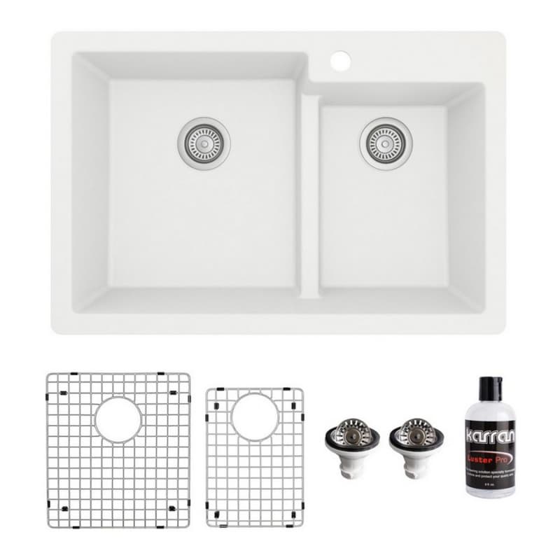 QT-811 Quartz Top Mount/Drop-In Large/Small Bowl Kitchen Sink Kit, 33" x 22" x 9", White