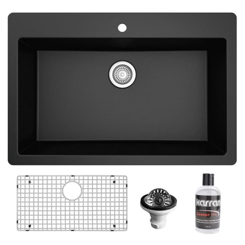QT-812 Quartz Top Mount/Drop-In Large Single Bowl Kitchen Sink Kit, 33" x 22" x 9", Black