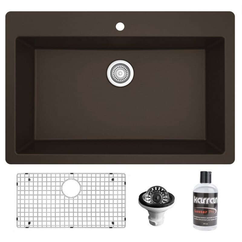 QT-812 Quartz Top Mount/Drop-In Large Single Bowl Kitchen Sink Kit, 33" x 22" x 9", Brown