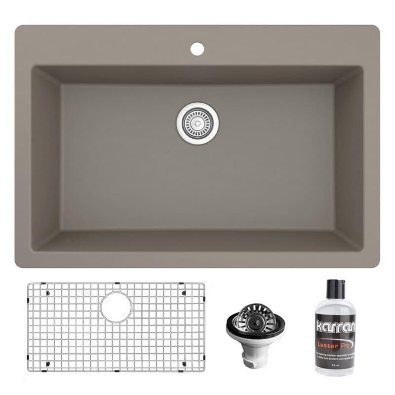 QT-812 Quartz Top Mount/Drop-In Large Single Bowl Kitchen Sink Kit, 33" x 22" x 9", Concrete
